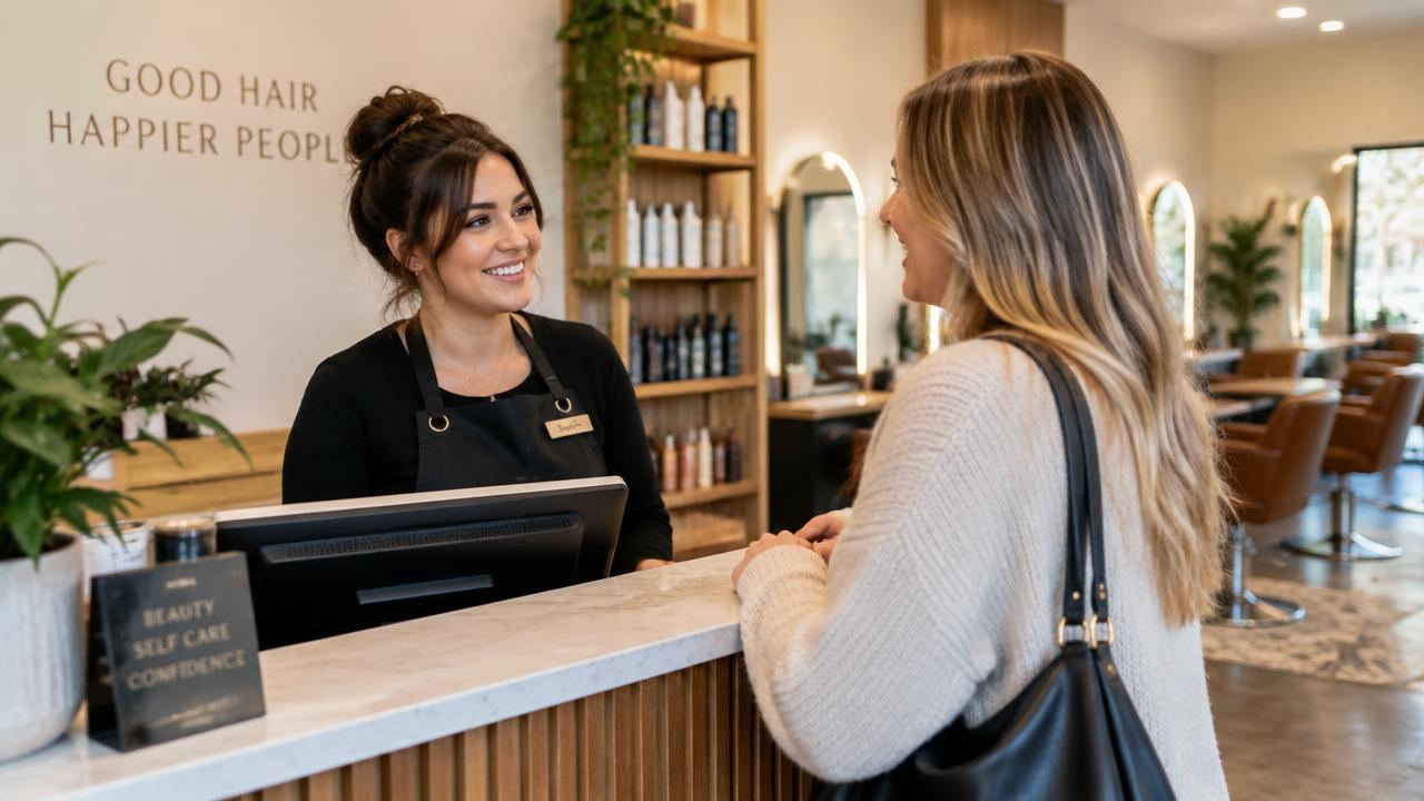 Salon receptionist chatting with a happy client at checkout