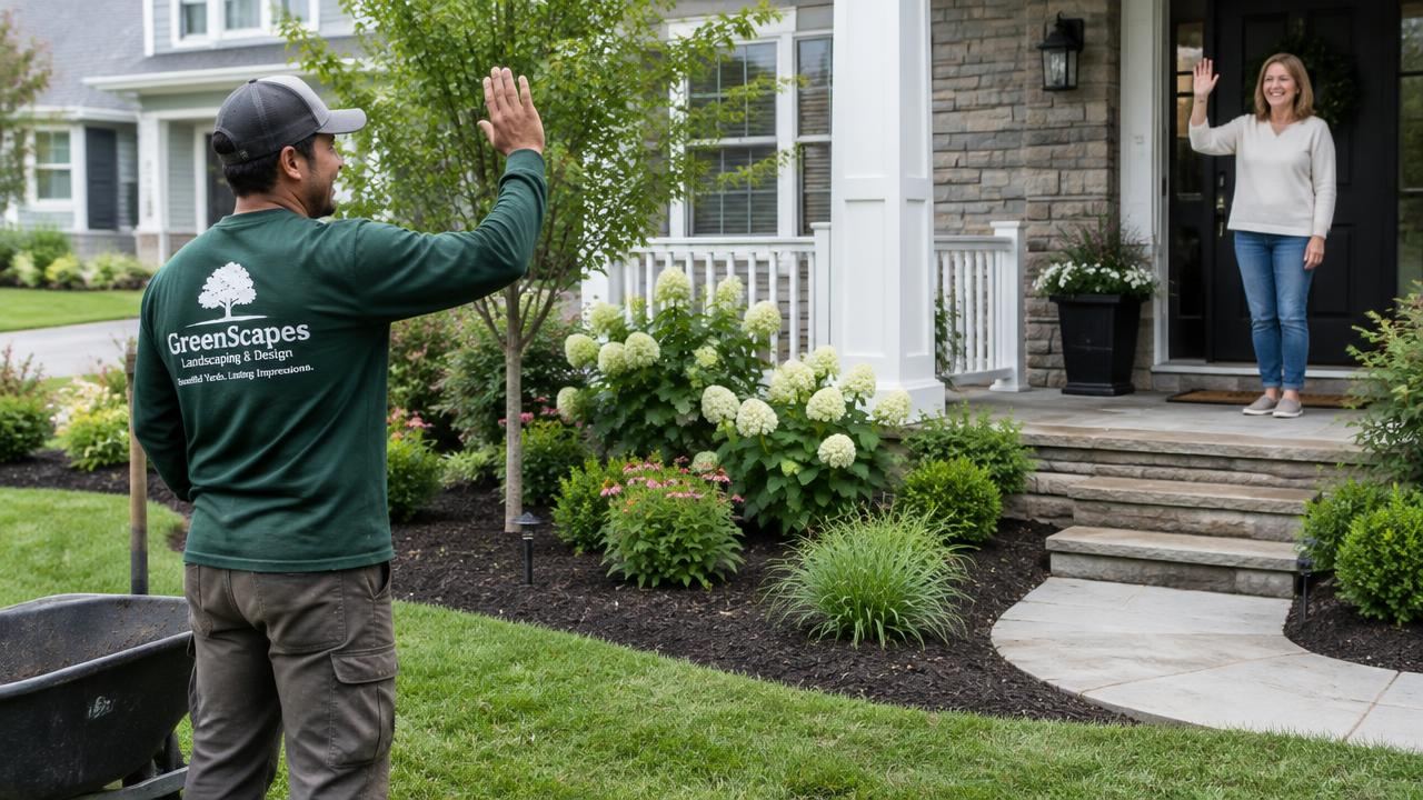 Landscaper waving goodbye to a homeowner after finishing her garden