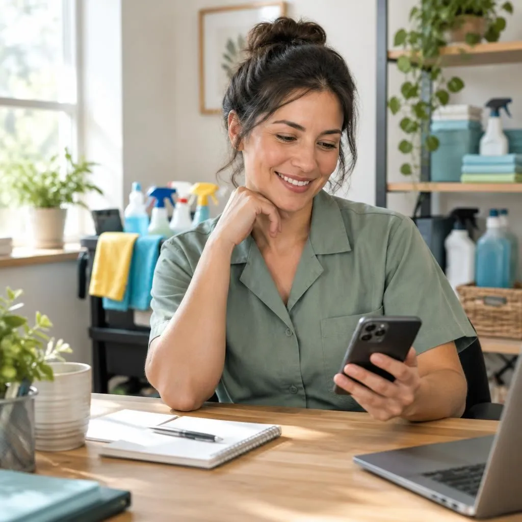 Local business owner checking her phone
