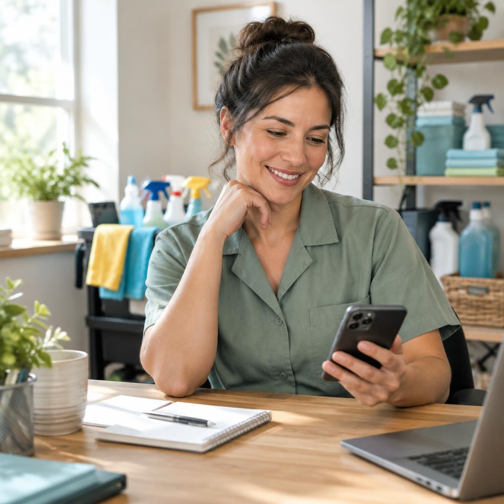 Local service business owner checking her phone