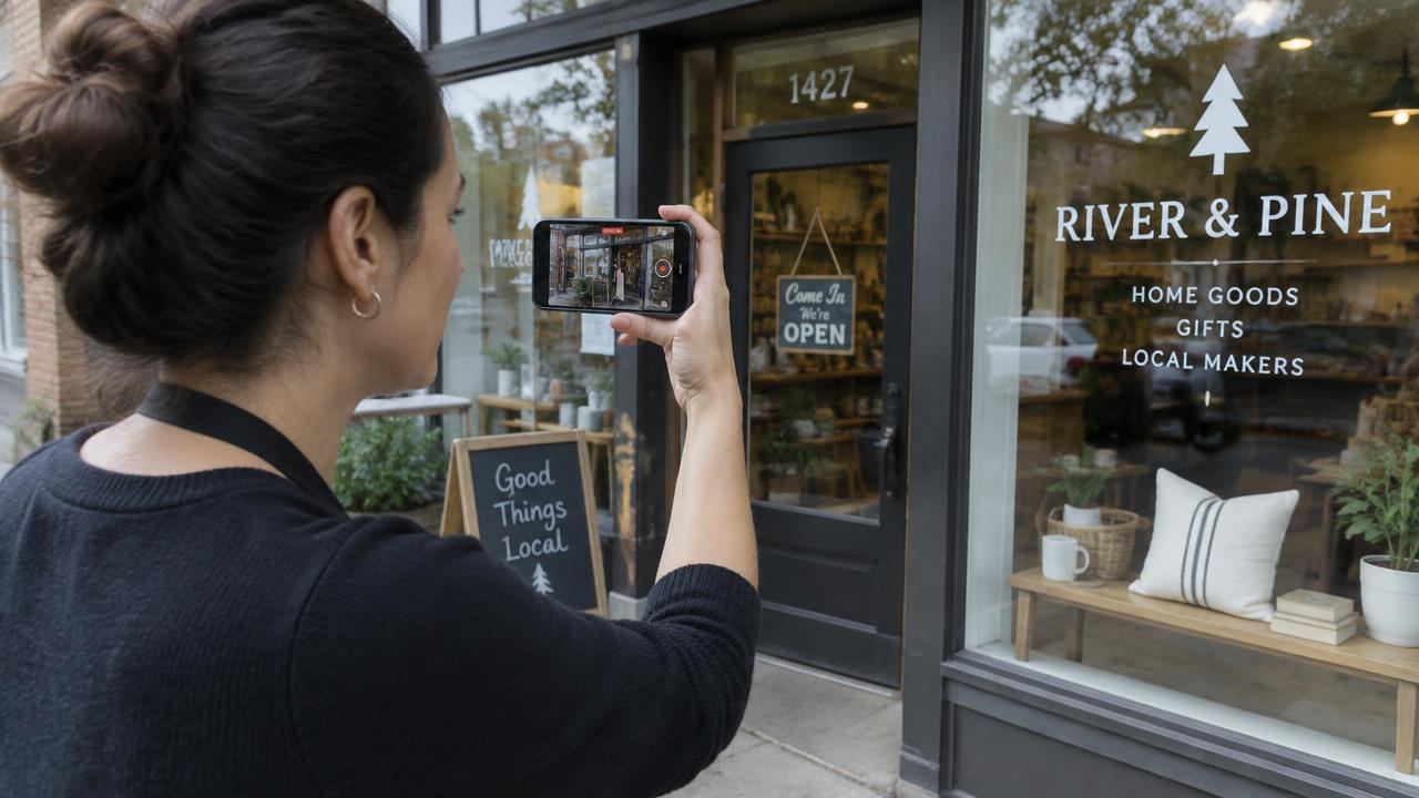 Business owner recording a video of her storefront for verification