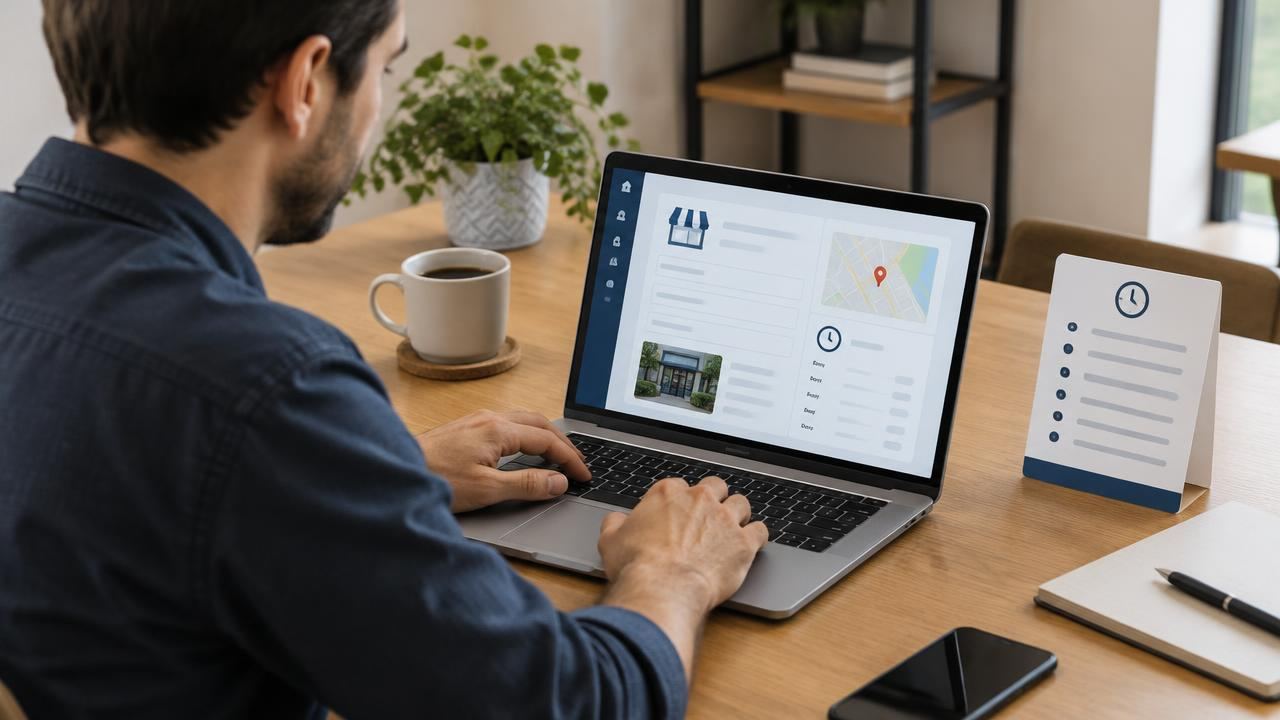 Owner filling in business details and hours on a laptop