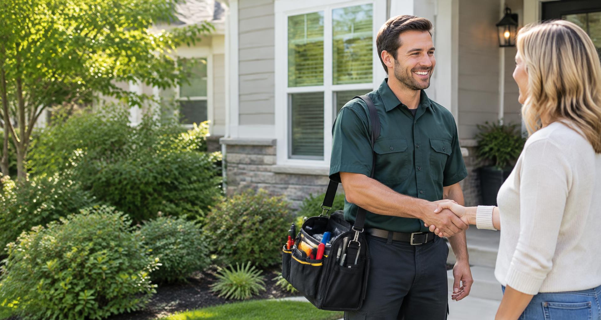 Plumbing technician greeting a homeowner after a completed job