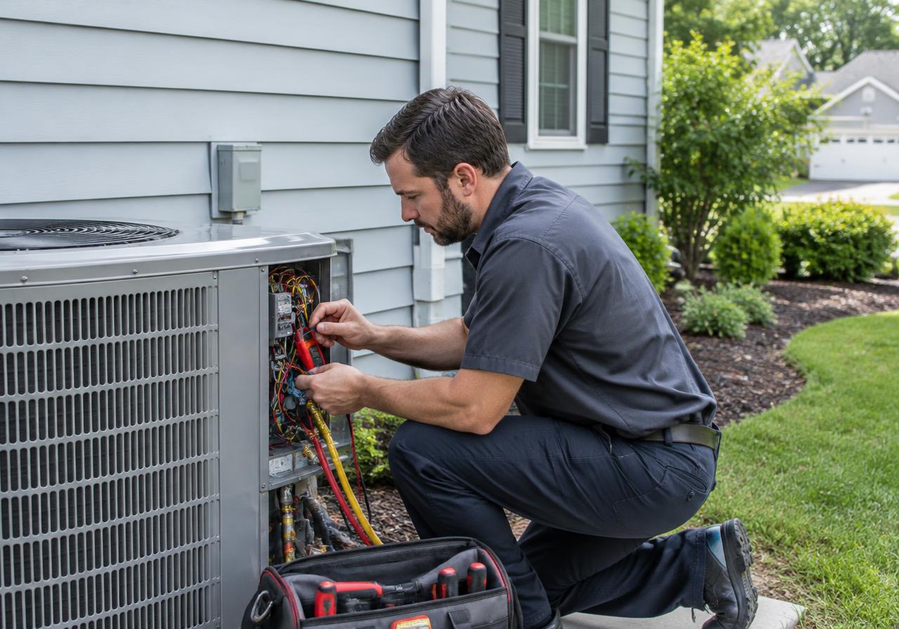 HVAC technician servicing a home's outdoor cooling unit
