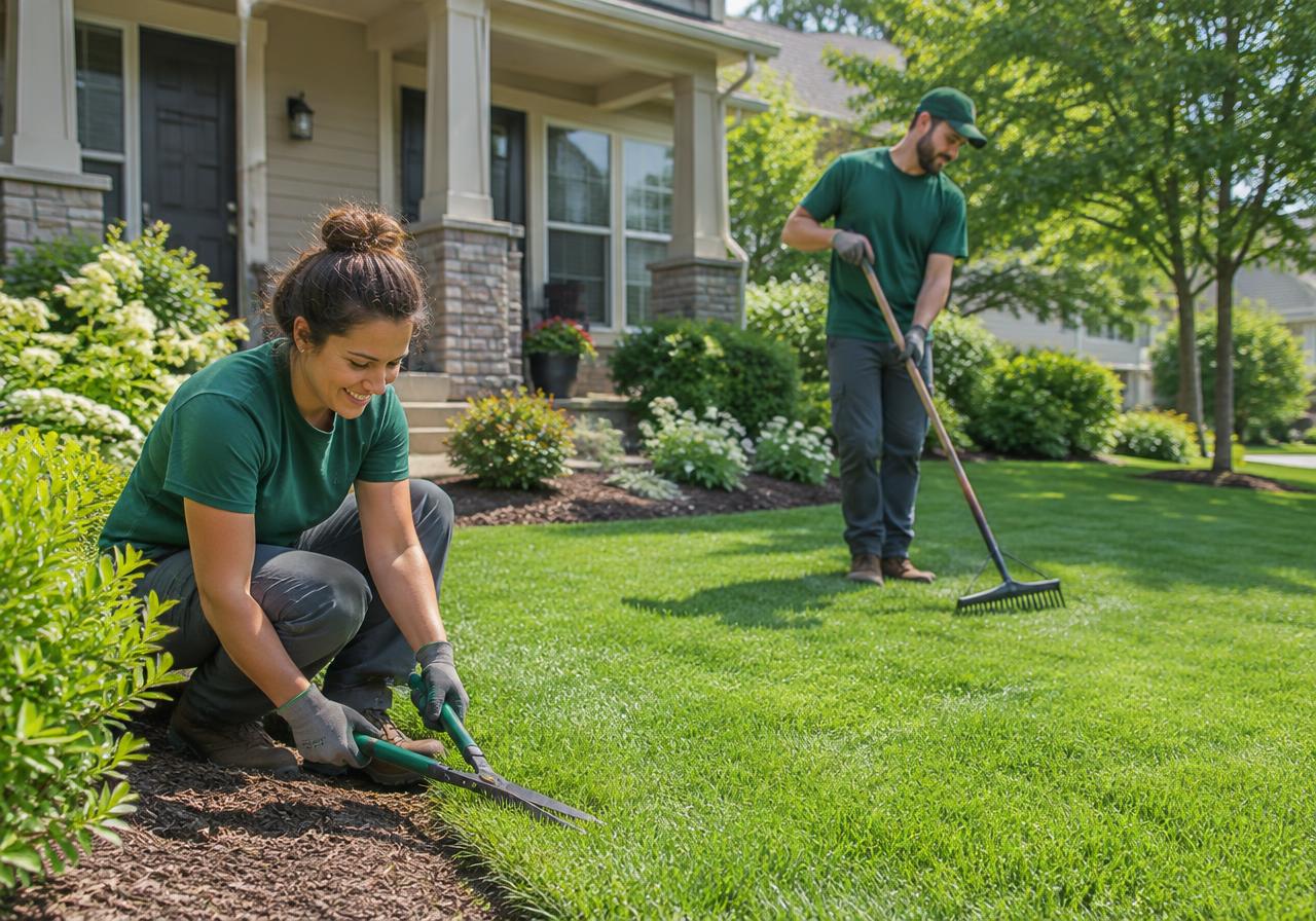 Landscaping team tending a suburban front garden