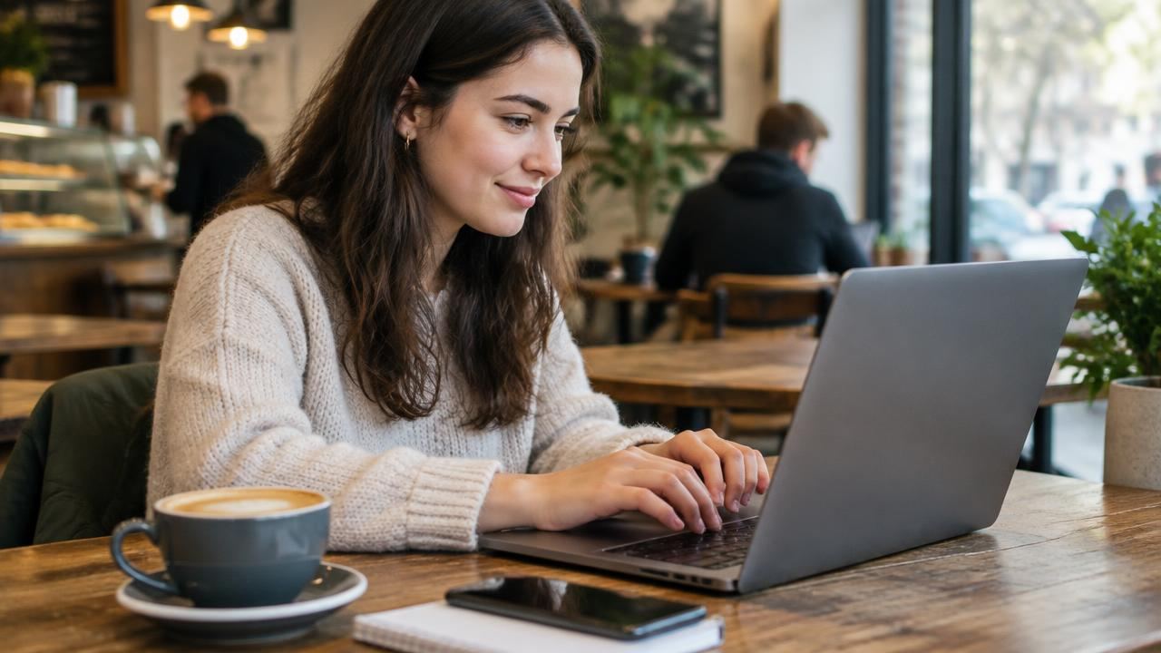 Young woman writing a review on a laptop in a cafe