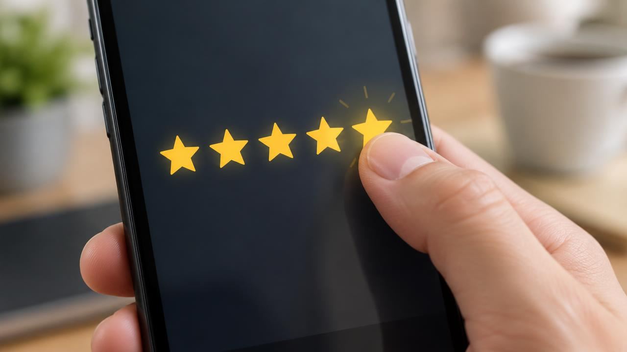 Thumb tapping the fifth star on a phone screen