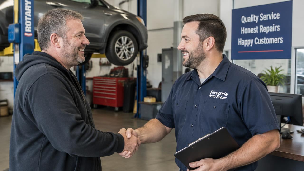 Auto shop manager shaking hands with a customer after resolving a problem
