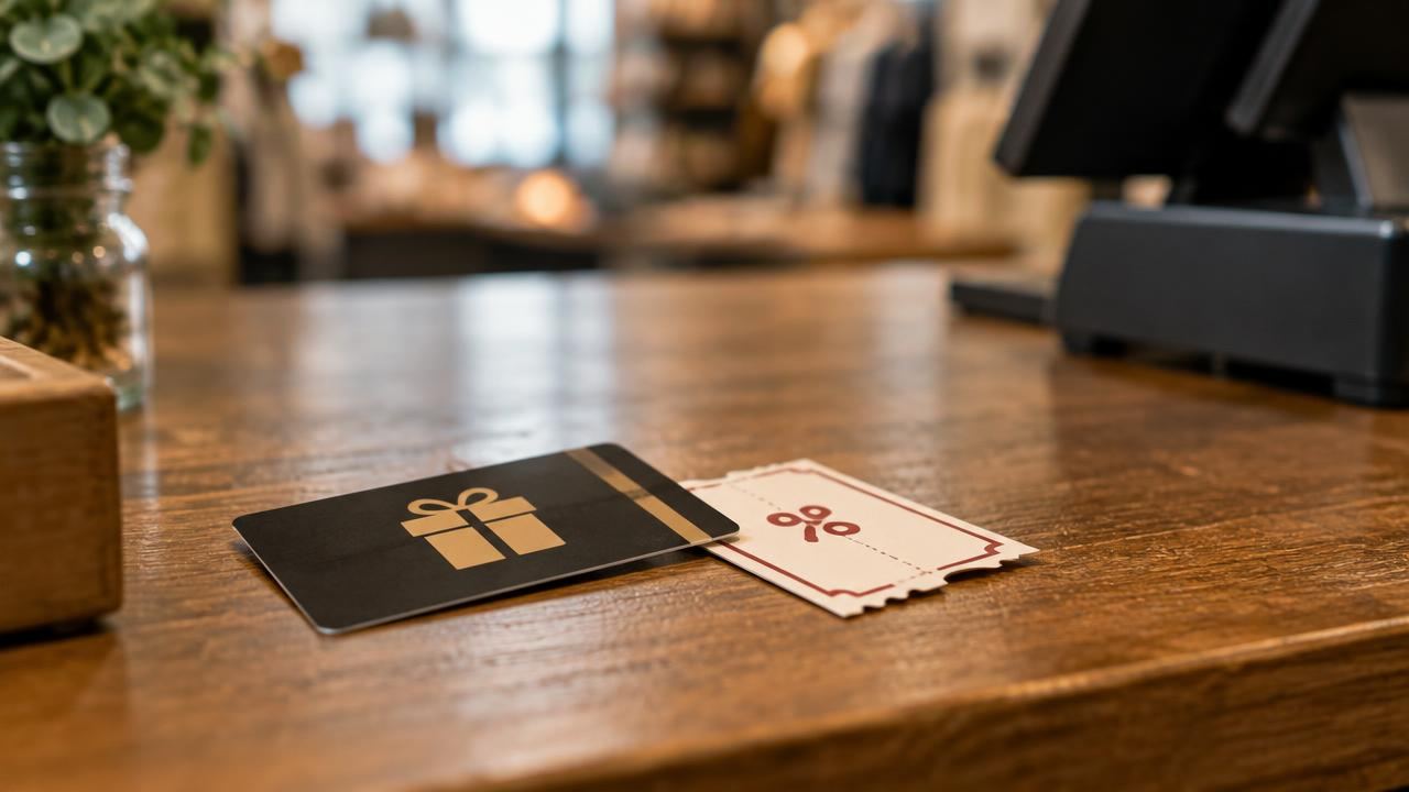 Gift card and coupon left on a counter, not offered for reviews
