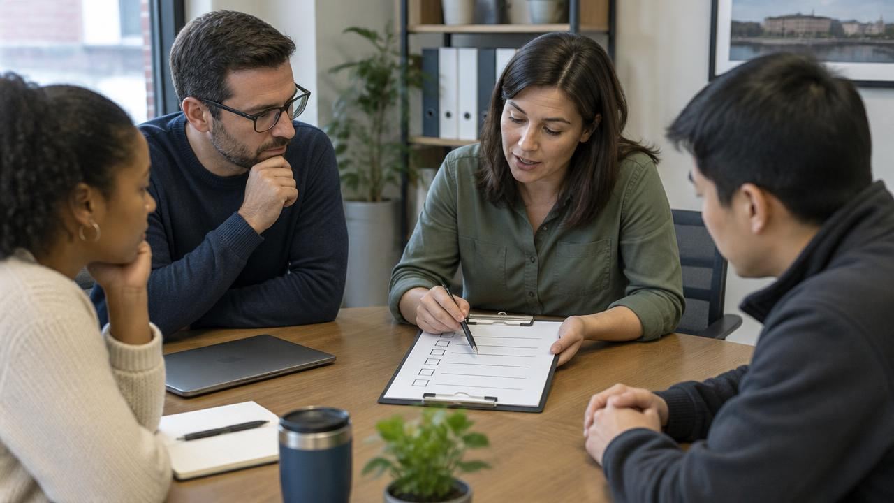 Small team going over a review rules checklist