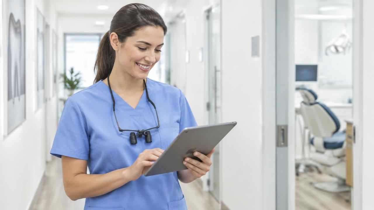 Dentist reading patient reviews on a tablet