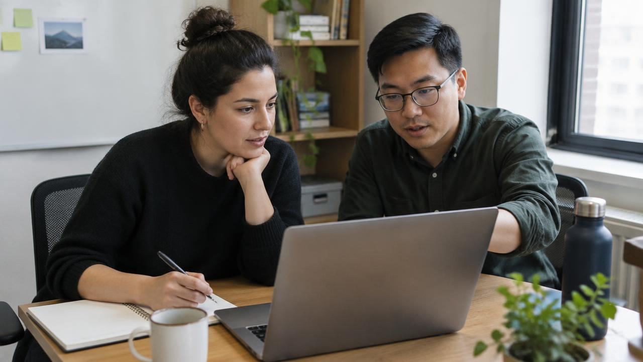 Two coworkers drafting a review reply together on a laptop
