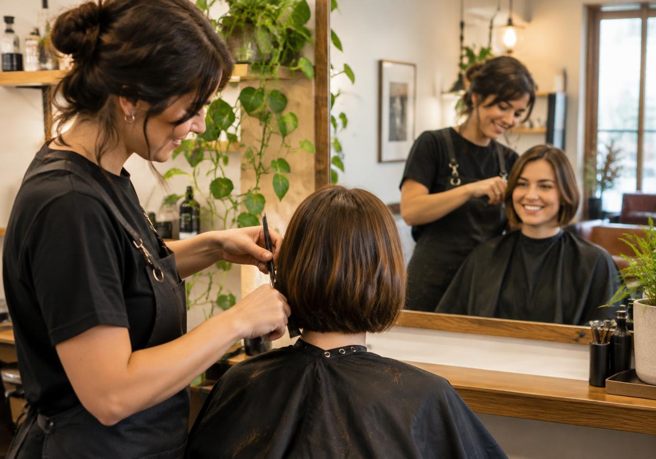 Hair stylist finishing a client's haircut in a local salon
