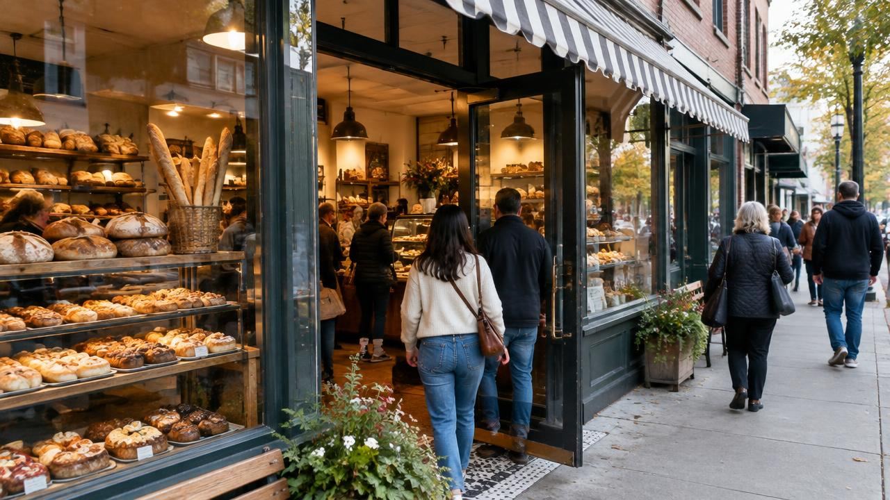 Customers walking into a busy local bakery