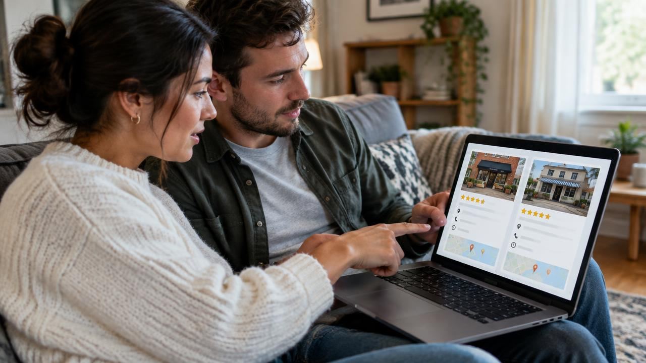 Couple comparing two local businesses and their reviews on a laptop
