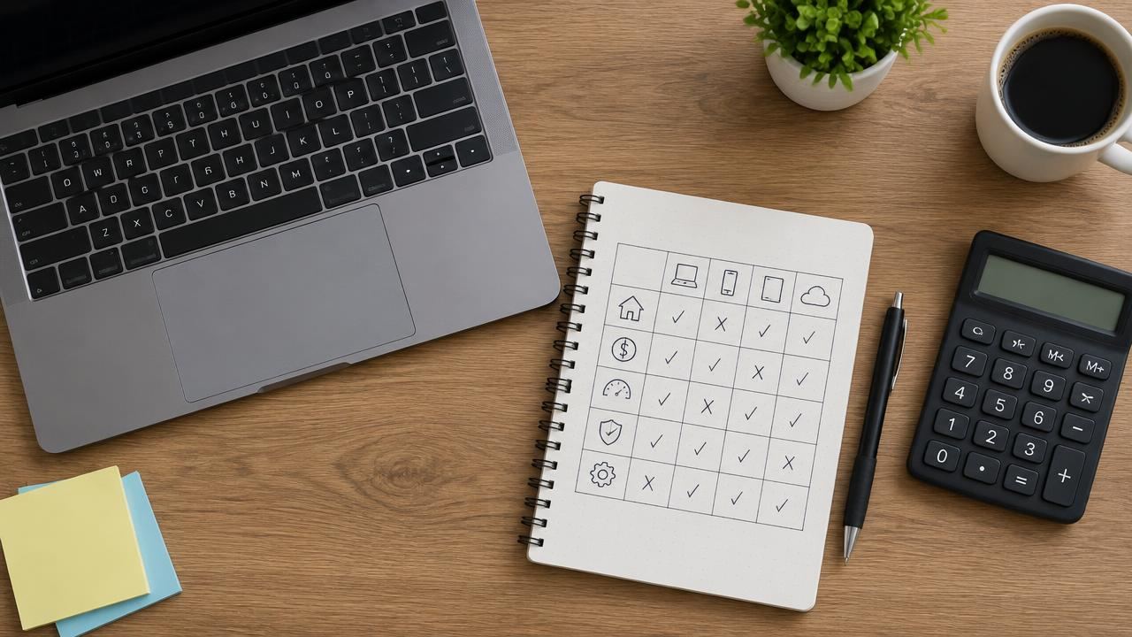 Desk with a laptop, calculator and hand-drawn comparison table