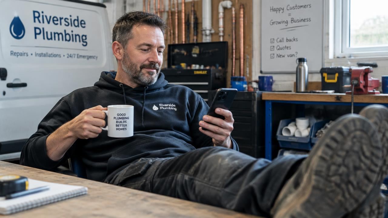 Plumbing business owner relaxing with coffee while checking his phone