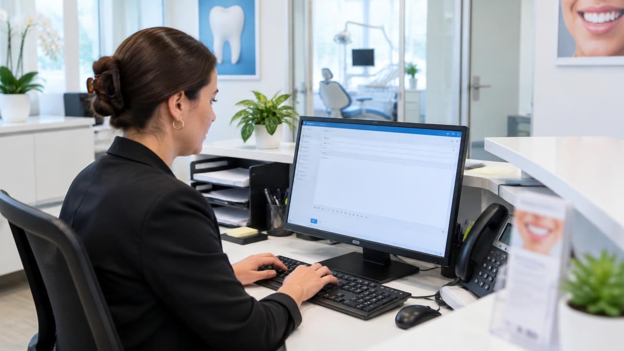 Dental office manager writing a review request email at the front desk